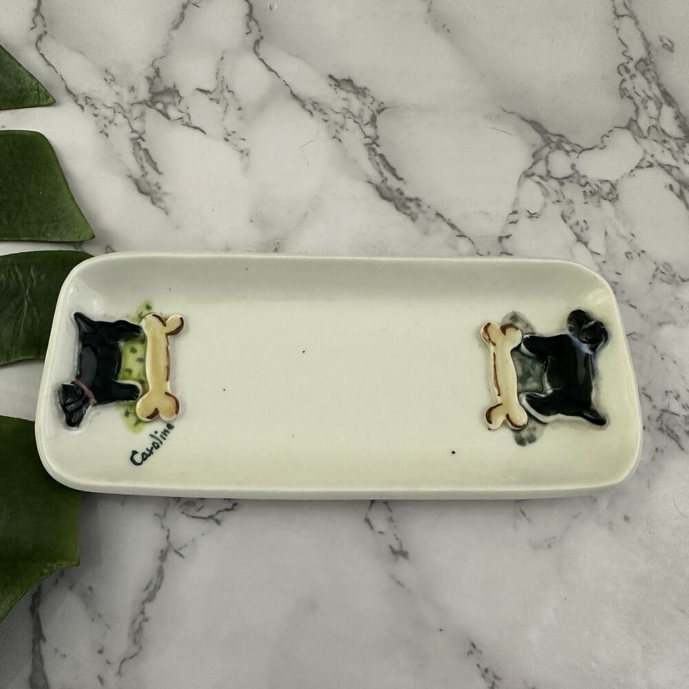 The Porcelain Pasture Black Dog Trinket Dish Ring Tray White Bone Caroline Puppy - Picture 4 of 5